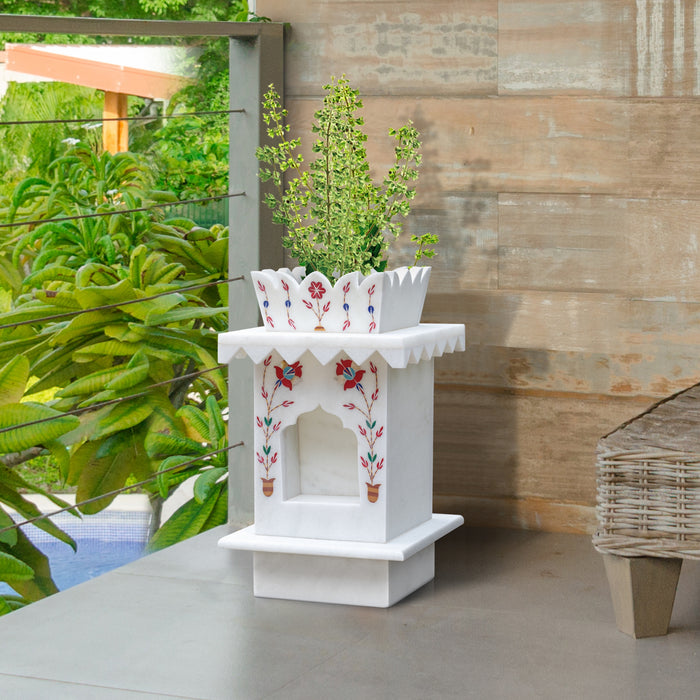 Marble Tulsi Pot, White Inlay (Small) - Handicraft Bazaar