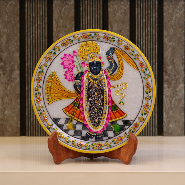Shrinath Ji, Gold Leaf 9 Inch Marble Decorative Plate - Handicraft Bazaar