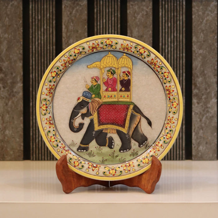 Traditional Elephant, Gold Leaf 9 Inch Marble Decorative Plate - Handicraft Bazaar