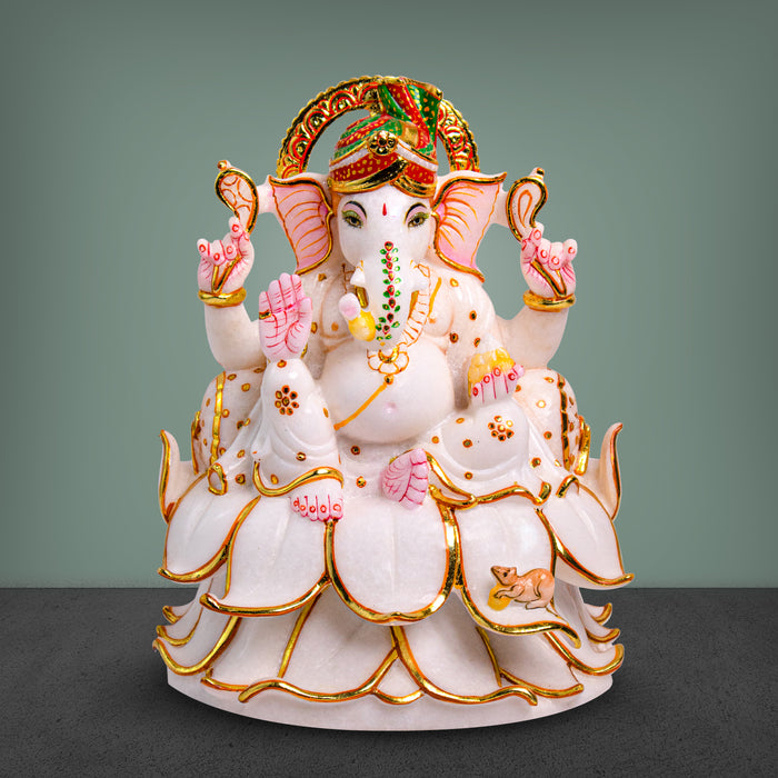 Lord Ganesh, 12 Inch, White Marble Statue - Handicraft Bazaar