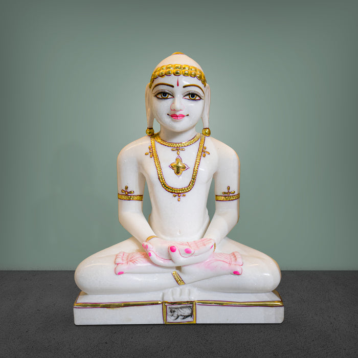 Mahavir Swami, 11 Inches, White Marble Statue - Handicraft Bazaar