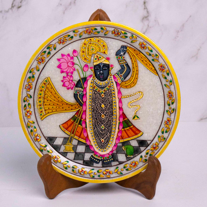 Shrinath Ji, Gold Leaf 9 Inch Marble Decorative Plate - Handicraft Bazaar
