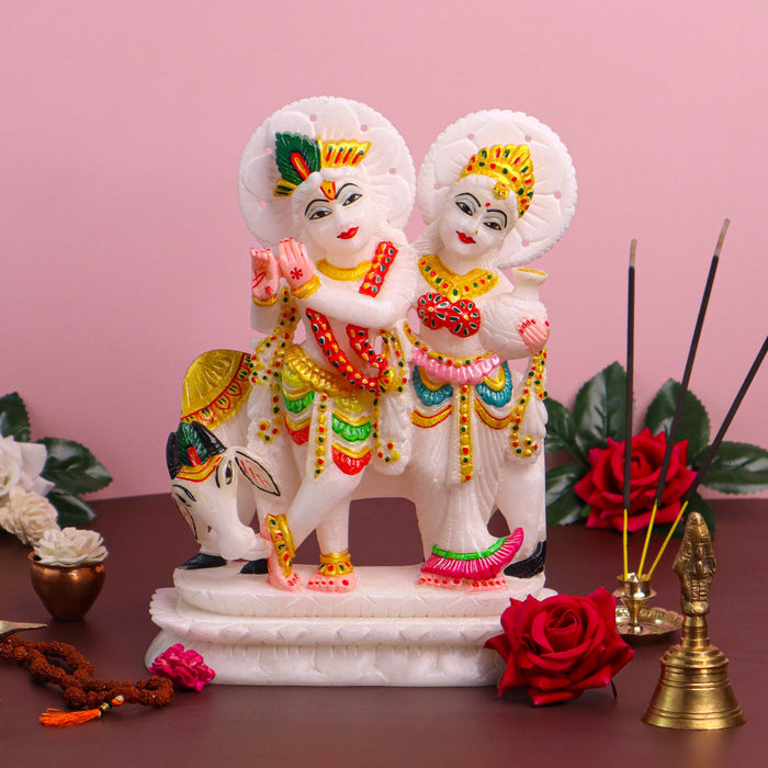 Radha Krishna Jugal Jodi with Cow, White Marble Statue - Handicraft Bazaar