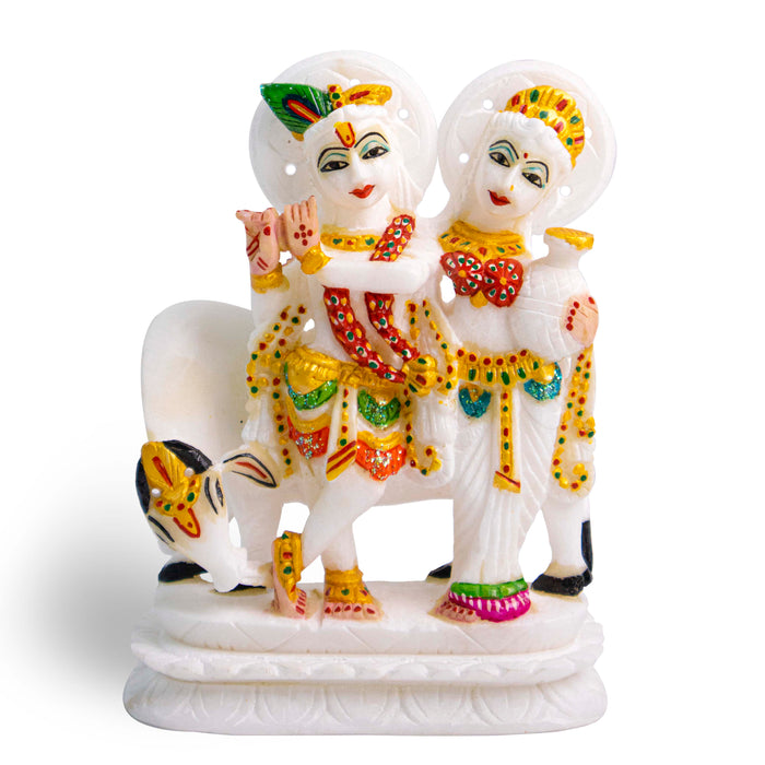 Radha Krishna Jugal Jodi with Cow, White Marble Statue - Handicraft Bazaar