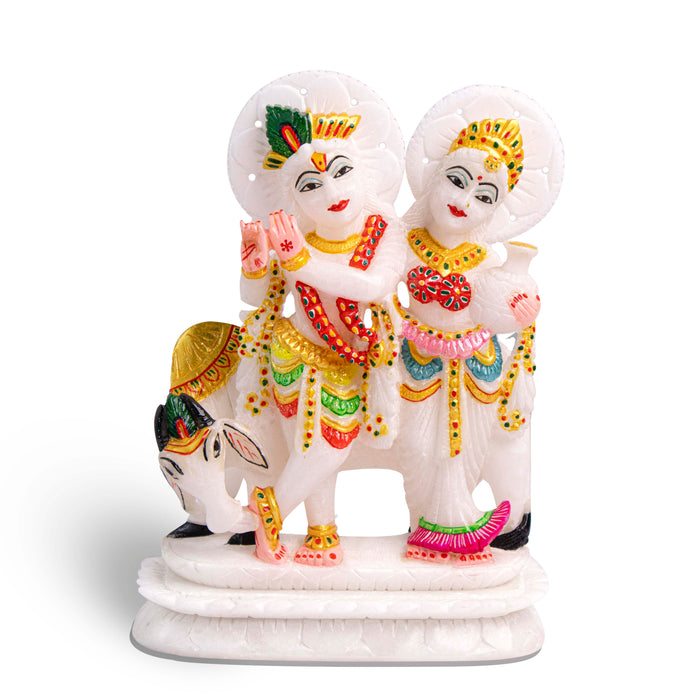 Radha Krishna Jugal Jodi with Cow, White Marble Statue - Handicraft Bazaar