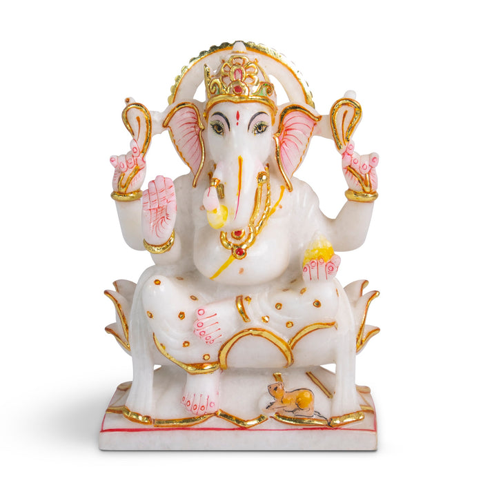 Lord Ganesh, 9 Inches, White Marble Statue - Handicraft Bazaar
