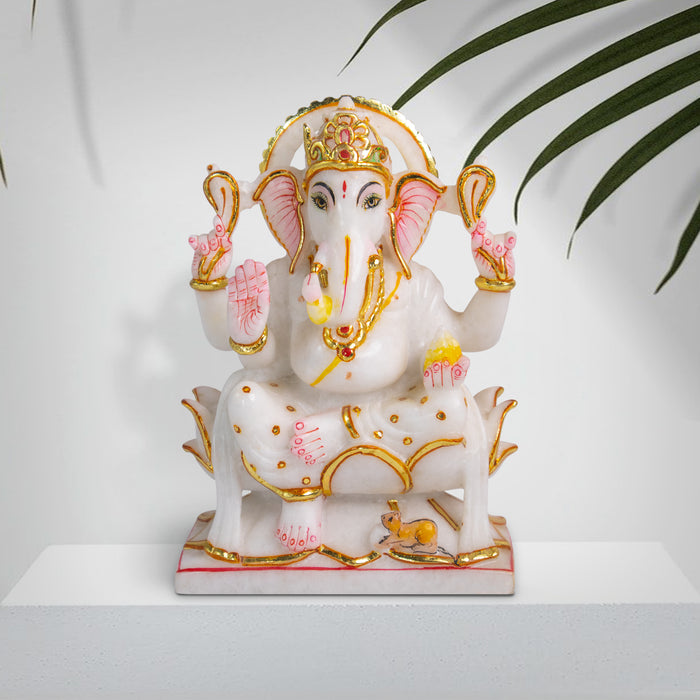 Lord Ganesh, 9 Inches, White Marble Statue - Handicraft Bazaar
