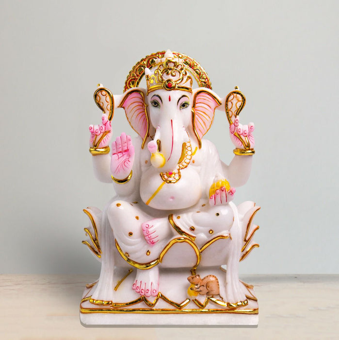 Lord Ganesh, 12 Inch, White Marble Murti - Handicraft Bazaar