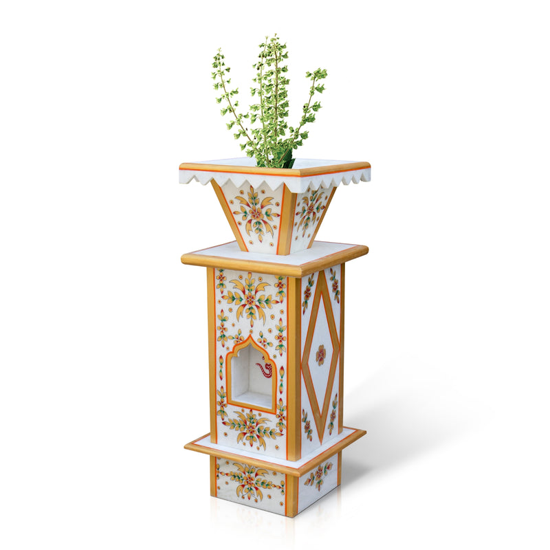 Marble Tulsi Pot, Traditional Painting (Large) - Handicraft Bazaar