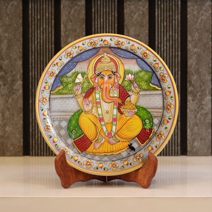 Lord Ganesh, Gold Leaf 9 Inch Marble Decorative Plate - Handicraft Bazaar