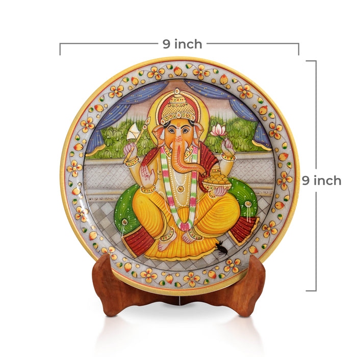 Lord Ganesh, Gold Leaf 9 Inch Marble Decorative Plate - Handicraft Bazaar