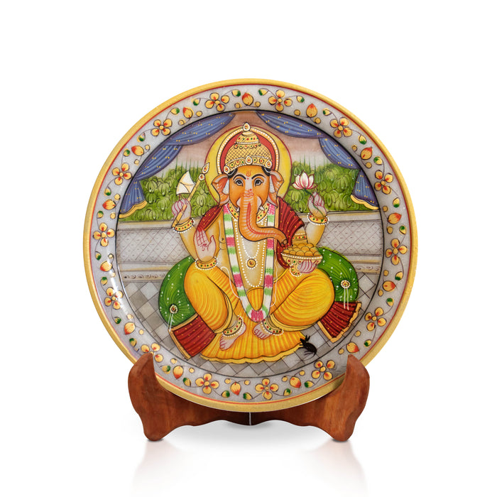 Lord Ganesh, Gold Leaf 9 Inch Marble Decorative Plate - Handicraft Bazaar