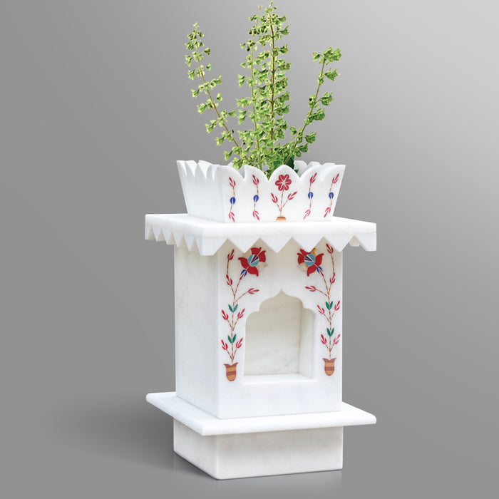 Marble Tulsi Pot, White Inlay (Small) - Handicraft Bazaar