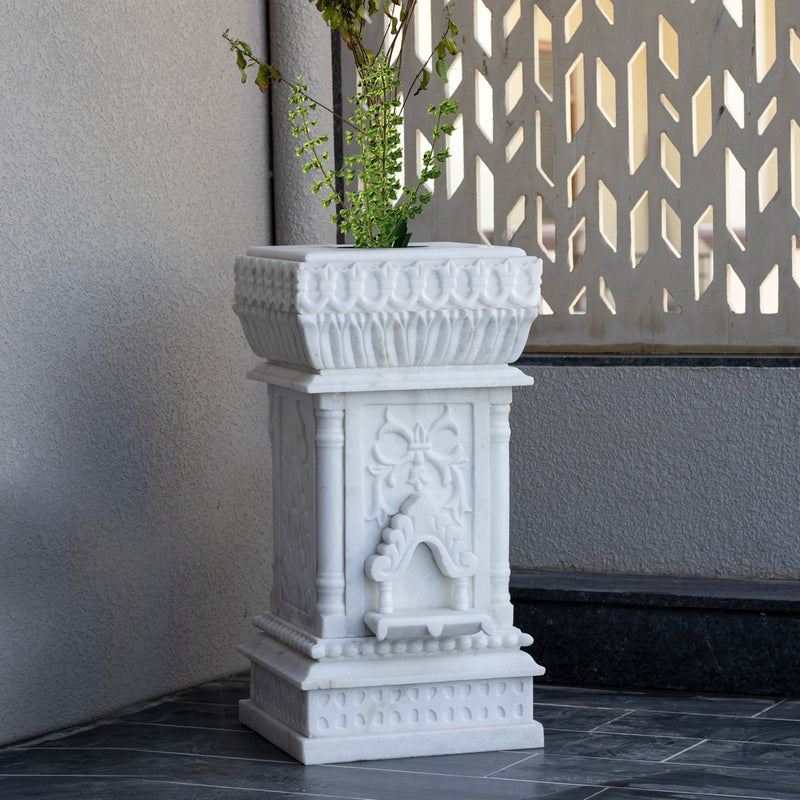 Marble Tulsi Pot, White Marble Carving - Handicraft Bazaar