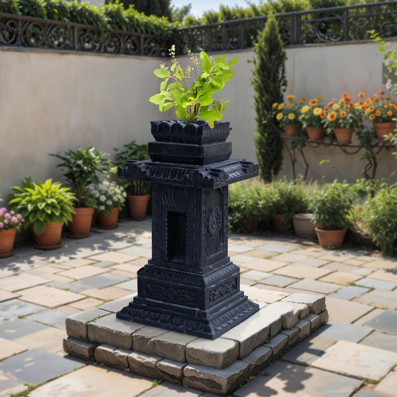 Marble Tulsi Pot, Black Marble Carving - Handicraft Bazaar