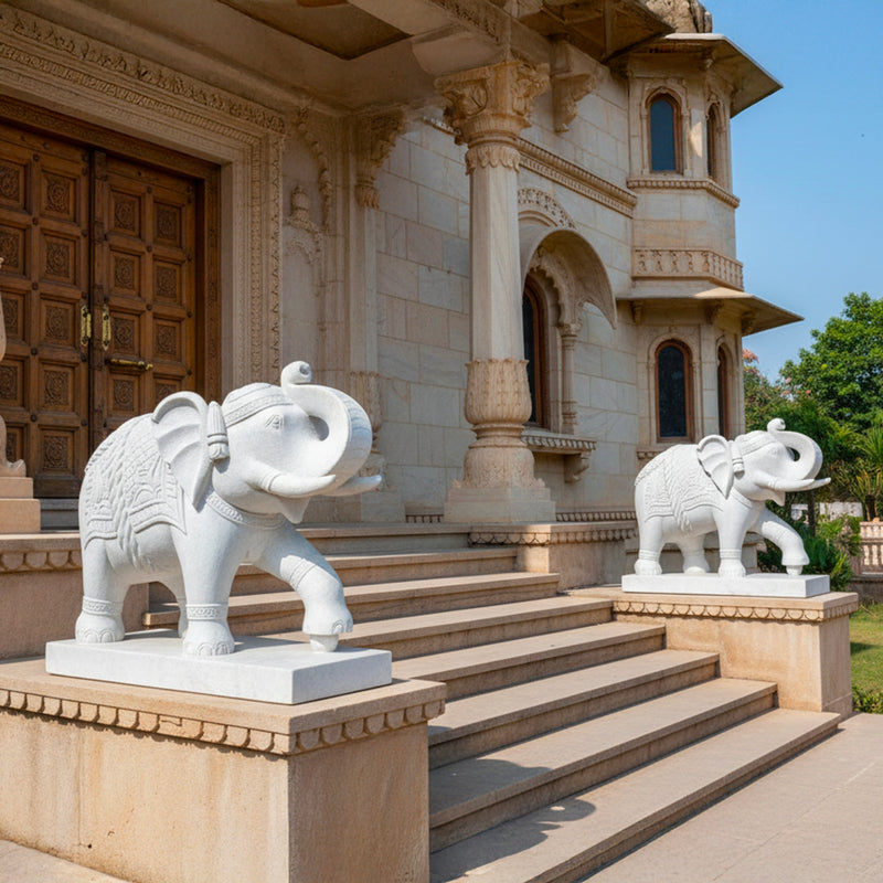 Marble Hand Carved Elephant Pair