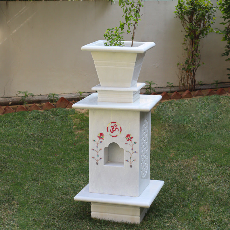Marble Tulsi Pot, White Marble Inlay - Handicraft Bazaar