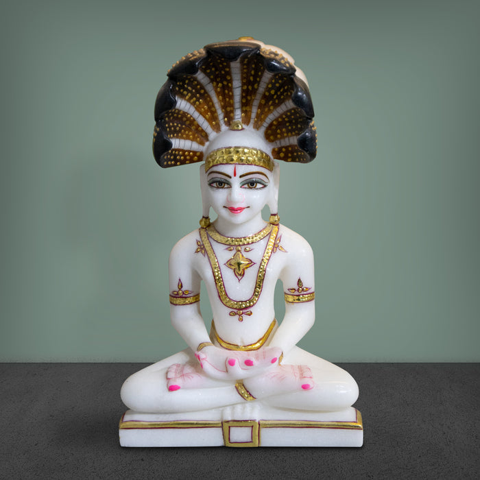 Lord Parshwanath, 9 Inches, White Marble Statue - Handicraft Bazaar