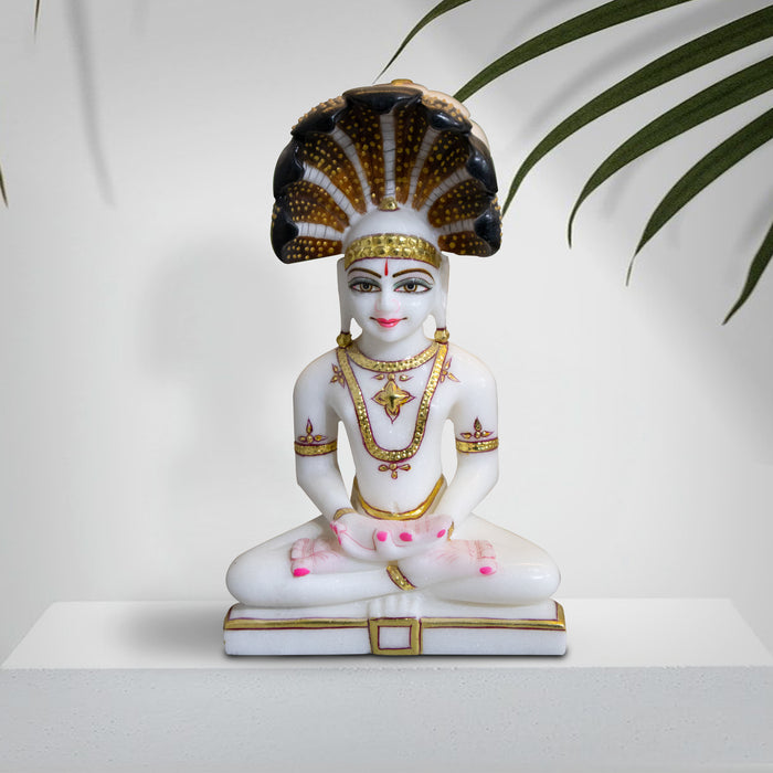 Lord Parshwanath, 9 Inches, White Marble Statue - Handicraft Bazaar
