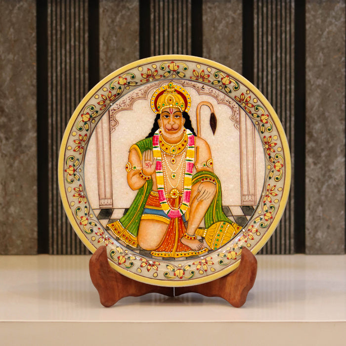Lord Hanuman, Gold Leaf 9 Inch Marble Decorative Plate - Handicraft Bazaar