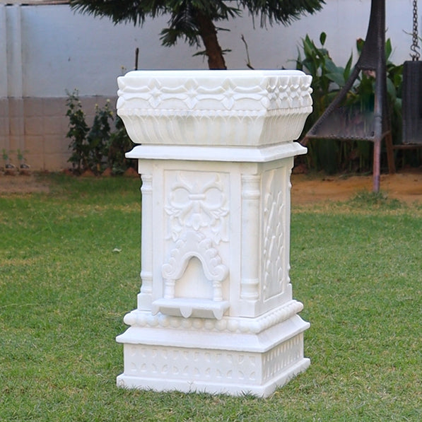Marble Tulsi Pot, White Marble Carving - Handicraft Bazaar