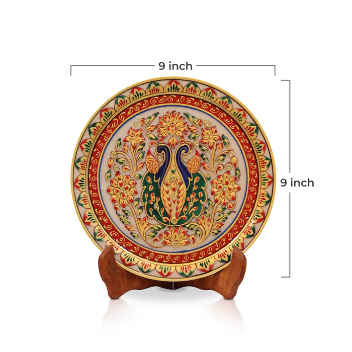 Traditional Peacock, Gold Leaf 9 Inch Marble Decorative Plate - Handicraft Bazaar