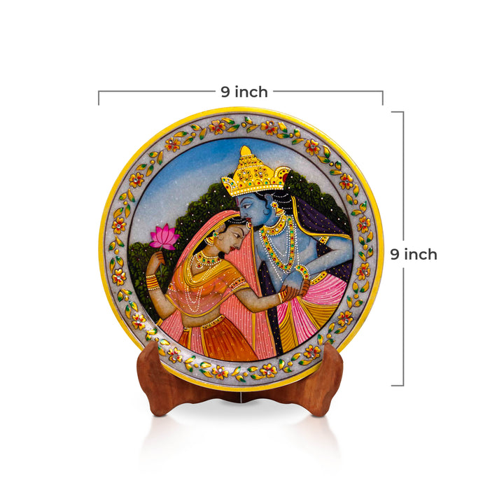 Radha Krishna 1, Gold Leaf 9 Inch Marble Decorative Plate - Handicraft Bazaar