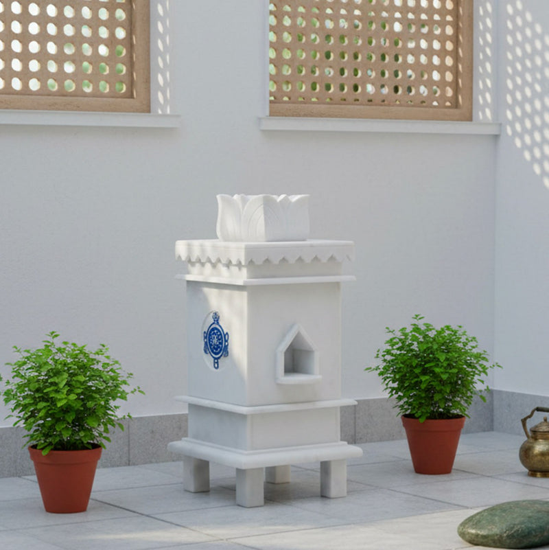 Marble Tulsi Pot with 3 Symbol Design - Handicraft Bazaar