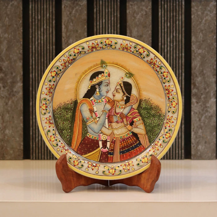 Radha Krishna, Gold Leaf 9 Inch Marble Decorative Plate - Handicraft Bazaar