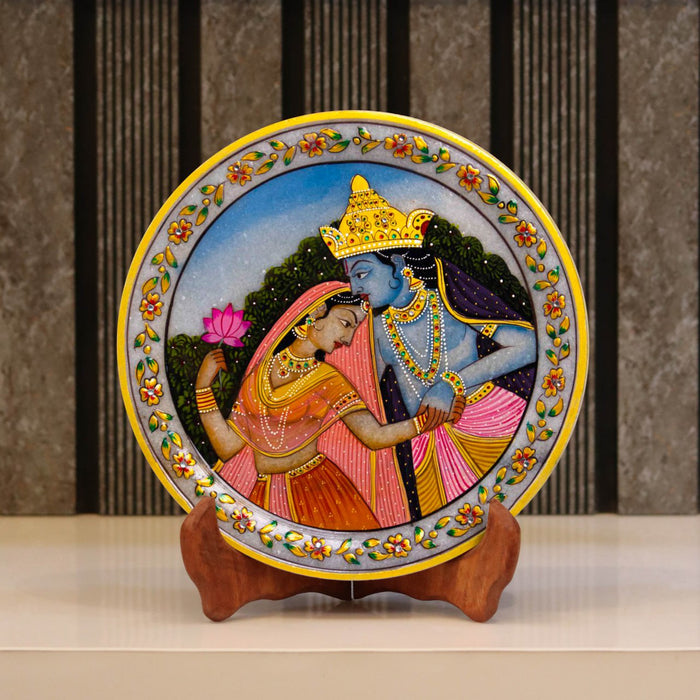 Radha Krishna 1, Gold Leaf 9 Inch Marble Decorative Plate - Handicraft Bazaar