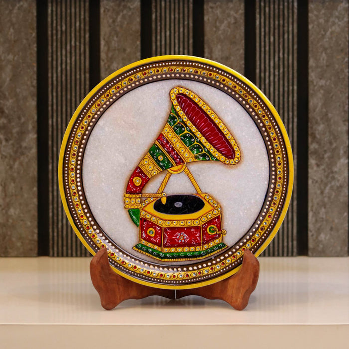 Traditional Phonograph, Gold Leaf 9 Inch Marble Decorative Plate - Handicraft Bazaar