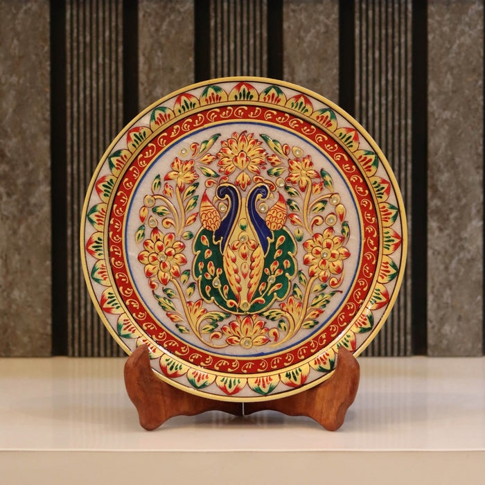 Traditional Peacock, Gold Leaf 9 Inch Marble Decorative Plate - Handicraft Bazaar