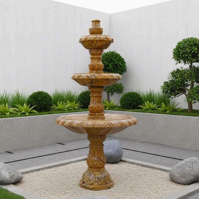 Marble Fountain Rainforest Brown Carved(3 Tier) - Handicraft Bazaar