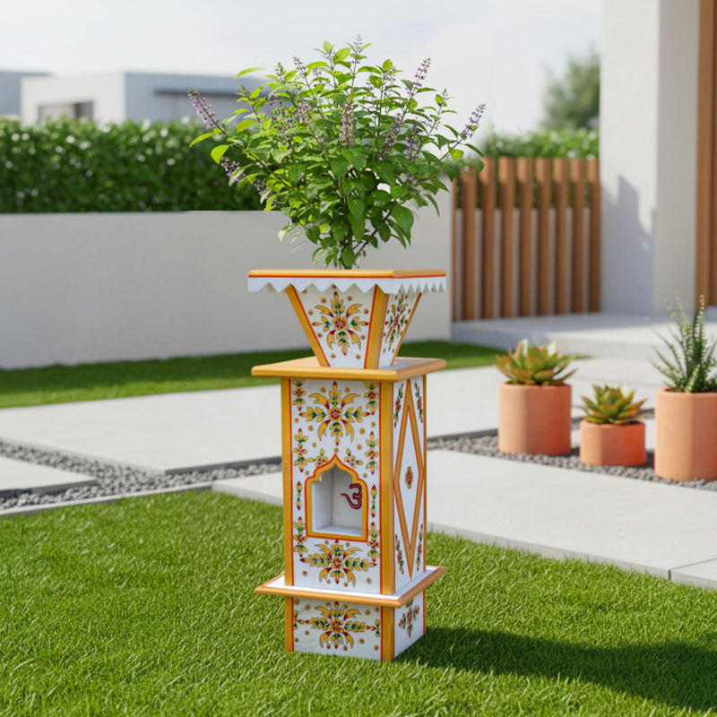 Marble Tulsi Pot, Traditional Painting (Large) - Handicraft Bazaar