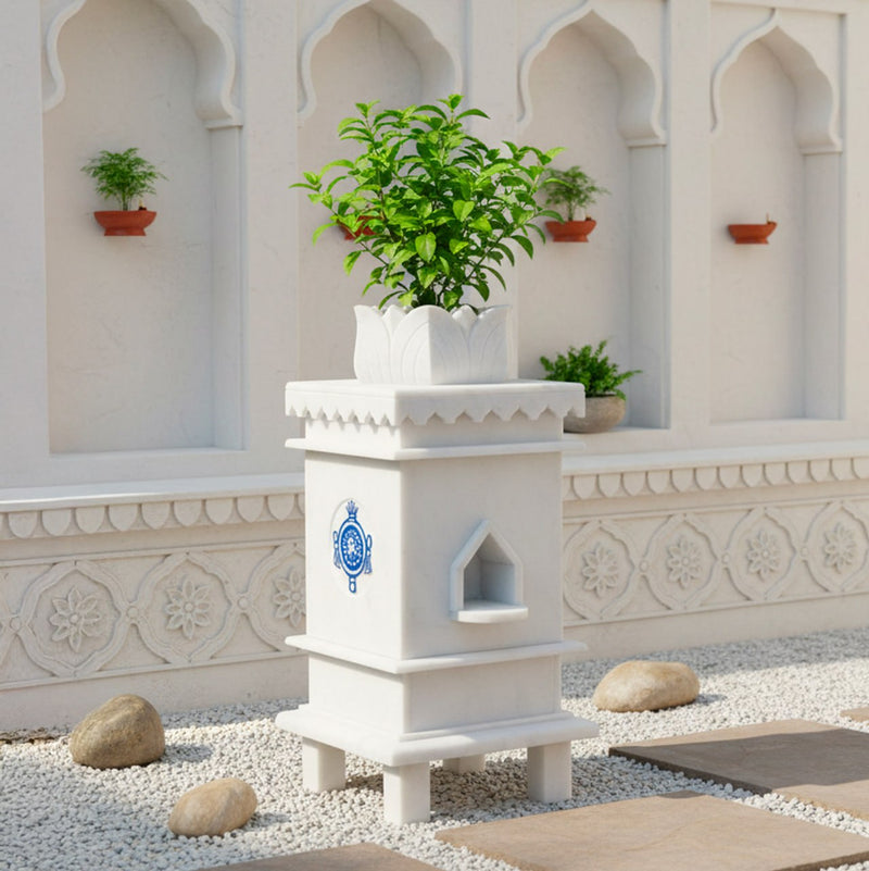Marble Tulsi Pot with 3 Symbol Design - Handicraft Bazaar