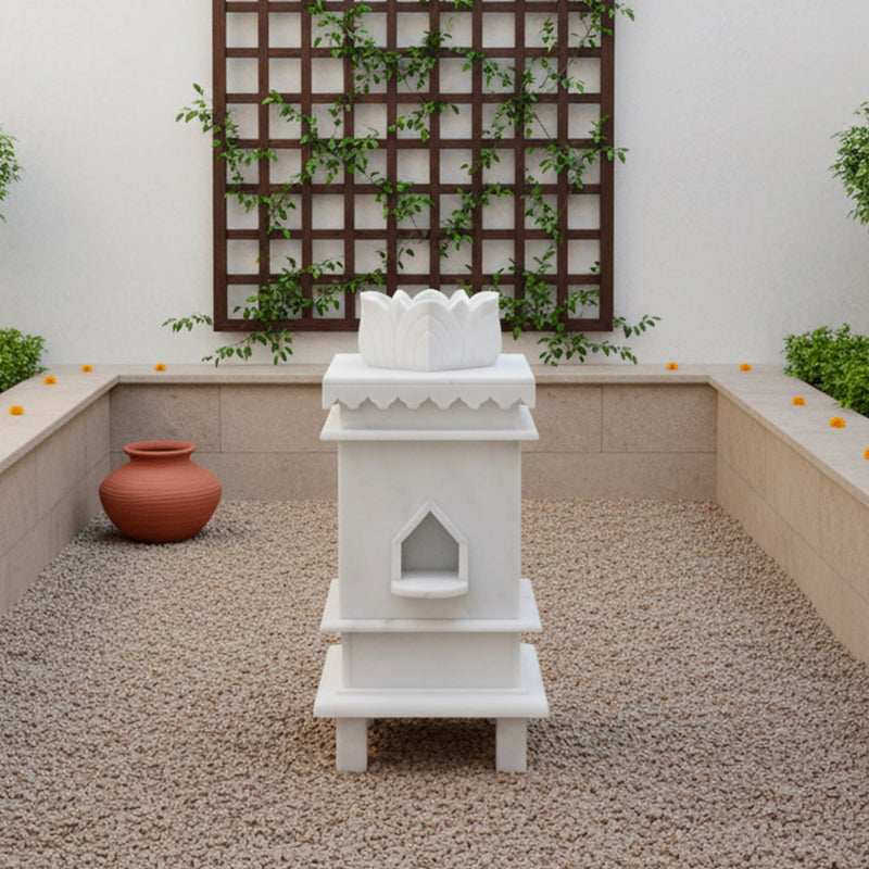 Marble Tulsi Pot with 3 Symbol Design - Handicraft Bazaar