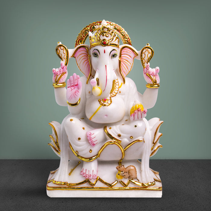 Lord Ganesh, 12 Inch, White Marble Murti - Handicraft Bazaar