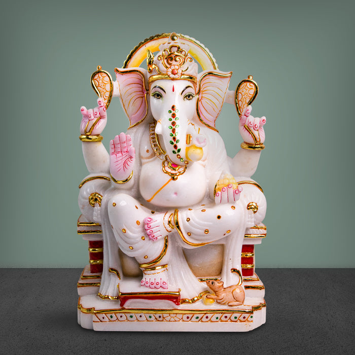Lord Ganesh, 15 Inch, White Marble Statue - Handicraft Bazaar