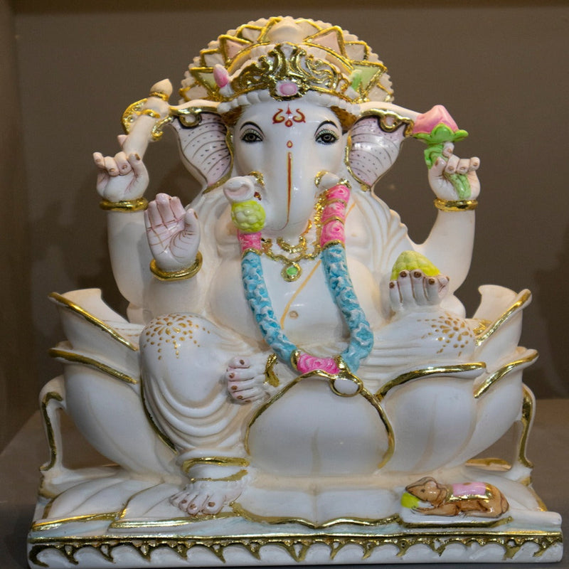 Lord Ganesh, 12 Inch, White Marble Statue - Handicraft Bazaar
