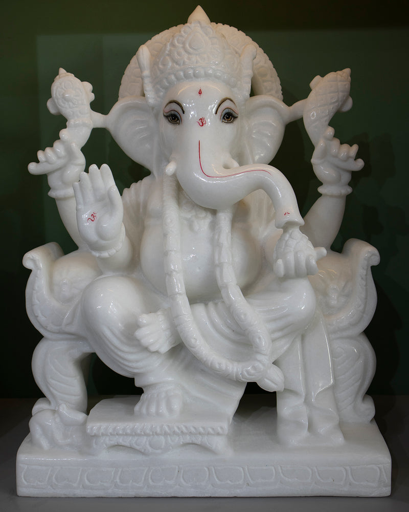 Lord Ganesh, 18 Inch, White Marble Statue - Handicraft Bazaar