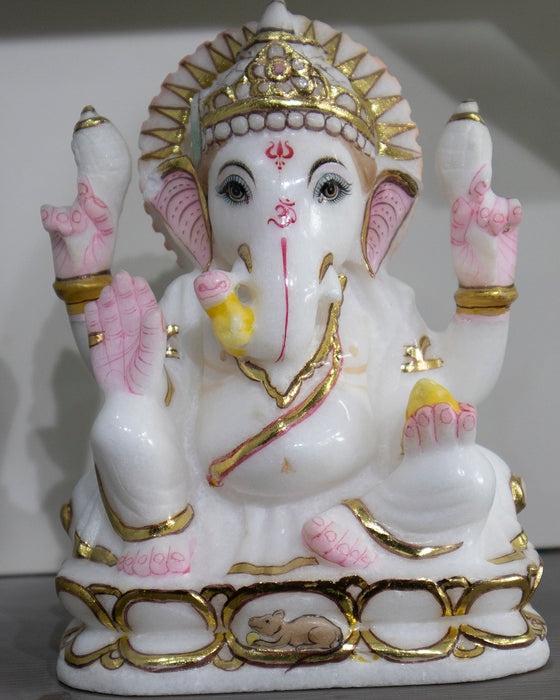 Lord Ganesh, 8 Inch, White Marble Statue - Handicraft Bazaar