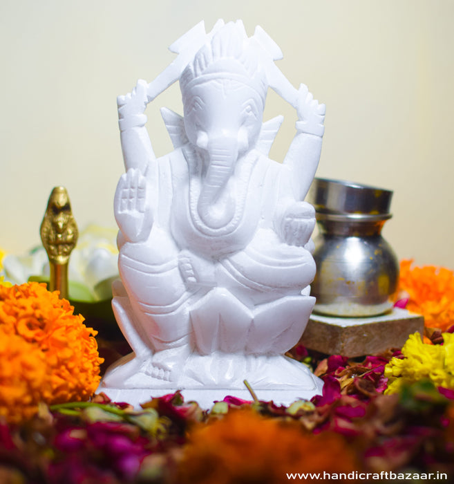Lord Ganesh, White Marble Murti - Handicraft Bazaar