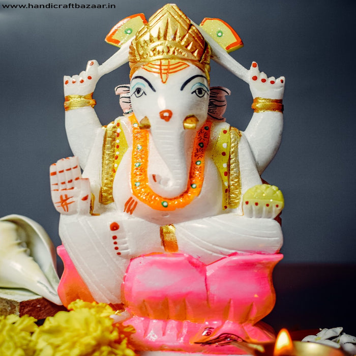 Lord Ganesh White Marble Statue - Handicraft Bazaar