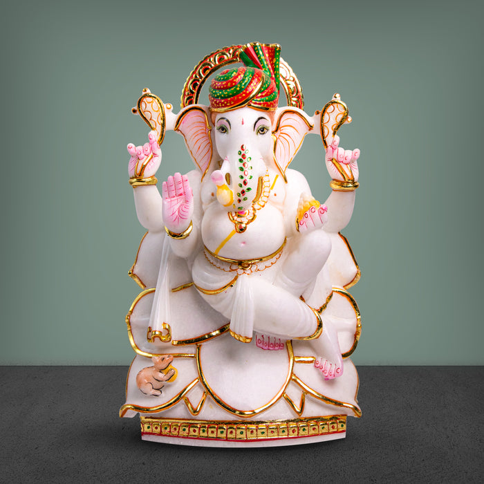 Lord Ganesh, 15 Inch, White Marble Murti - Handicraft Bazaar