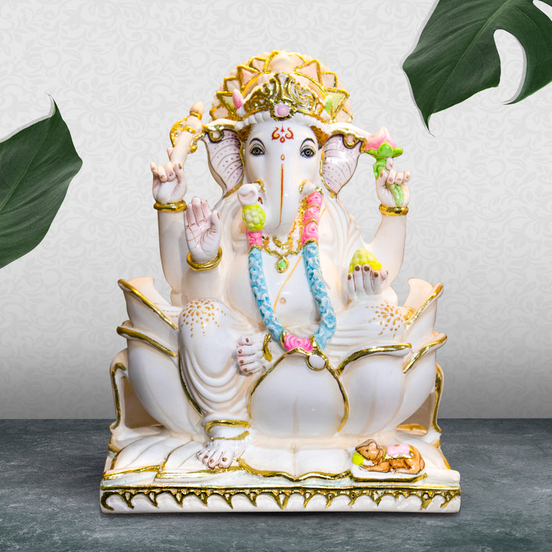 Lord Ganesh, 12 Inch, White Marble Statue - Handicraft Bazaar