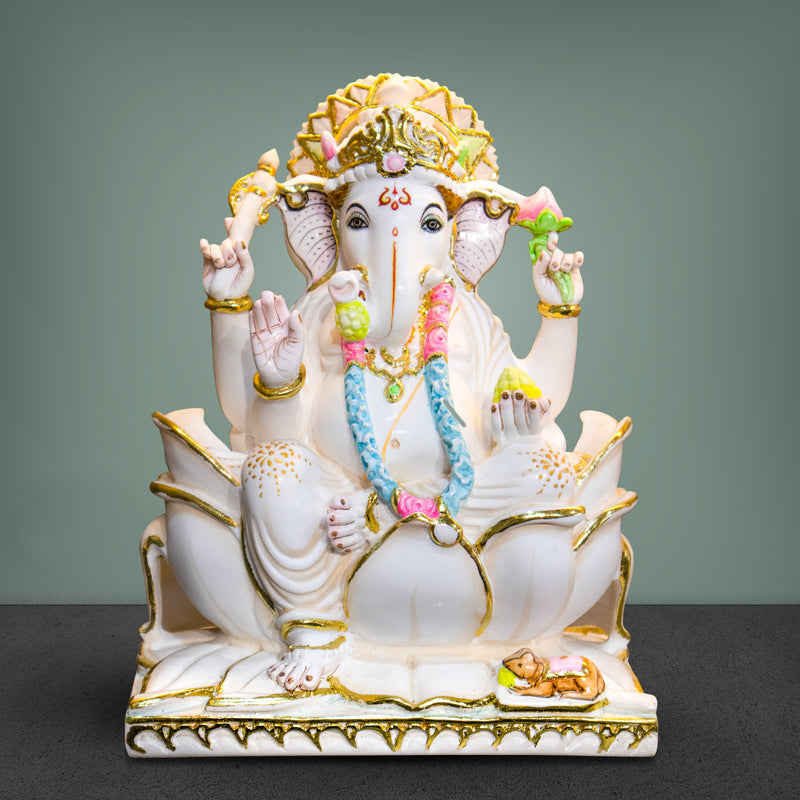 Lord Ganesh, 12 Inch, White Marble Statue - Handicraft Bazaar