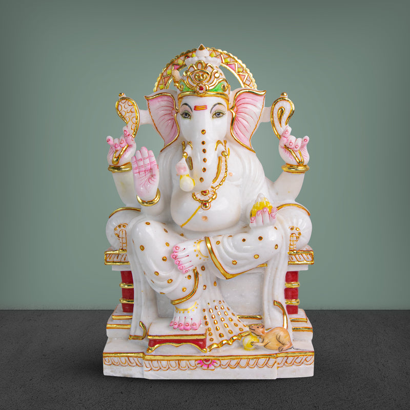 Lord Ganesh, 15 Inch, White Marble Statue - Handicraft Bazaar