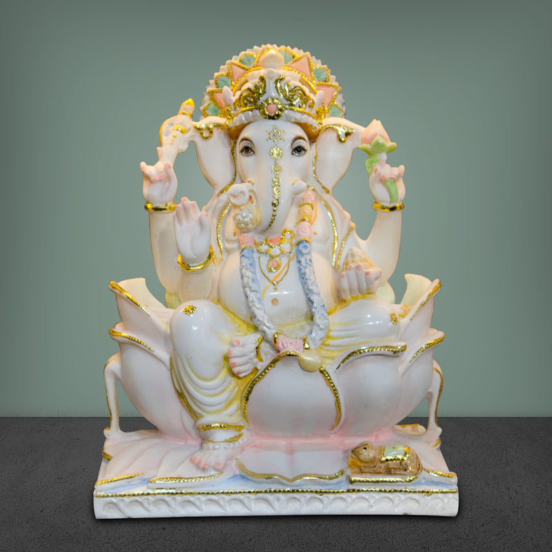 Lord Ganesh, 12 Inch, White Marble Statue - Handicraft Bazaar