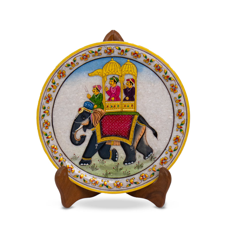 Traditional Elephant, Gold Leaf 9 Inch Marble Decorative Plate - Handicraft Bazaar