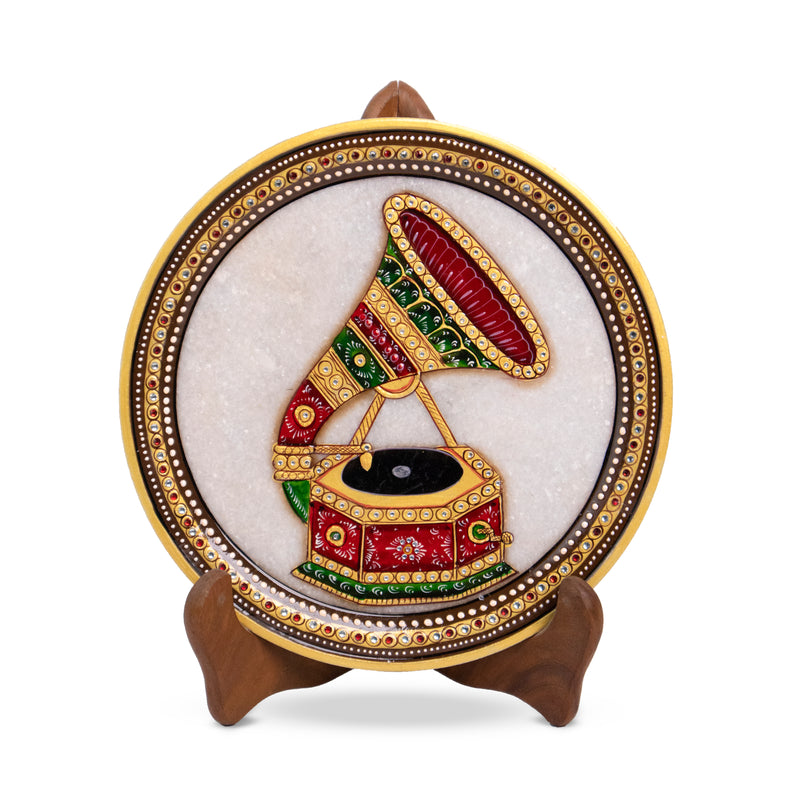 Traditional Phonograph, Gold Leaf 9 Inch Marble Decorative Plate - Handicraft Bazaar